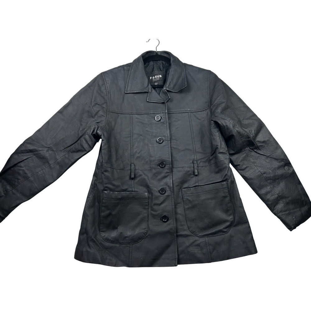 Focus Womens L Black Genuine Leather Car Coat Jacket Quilted Lined Button Front